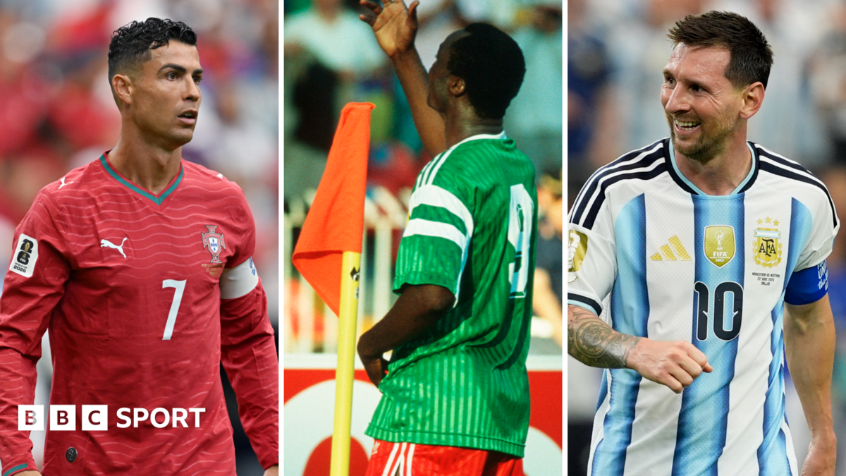 Who is the African World Cup goalscorer older than Ronaldo and Messi?