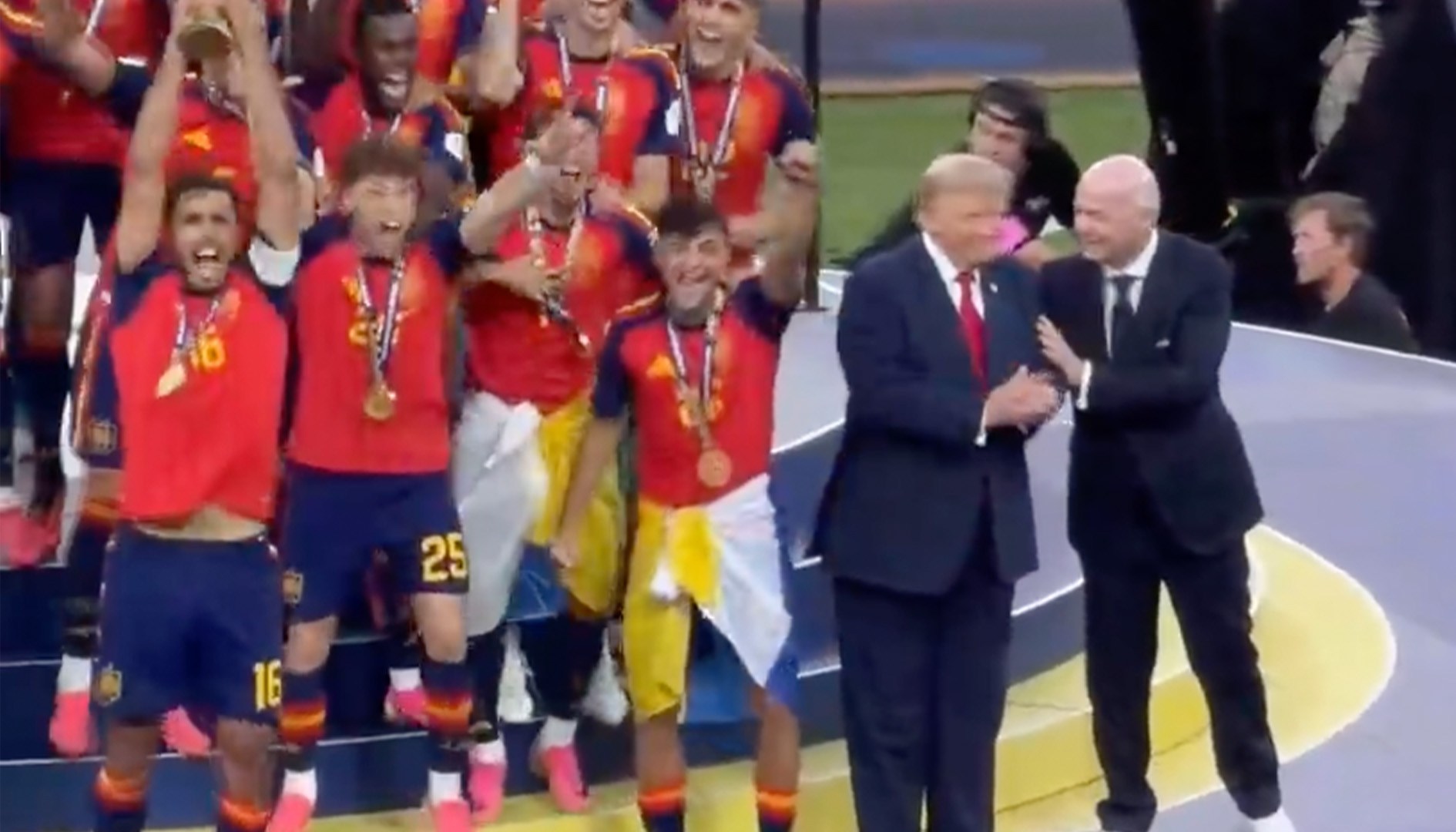 Infantino tries to usher Trump away as Spain lift World Cup