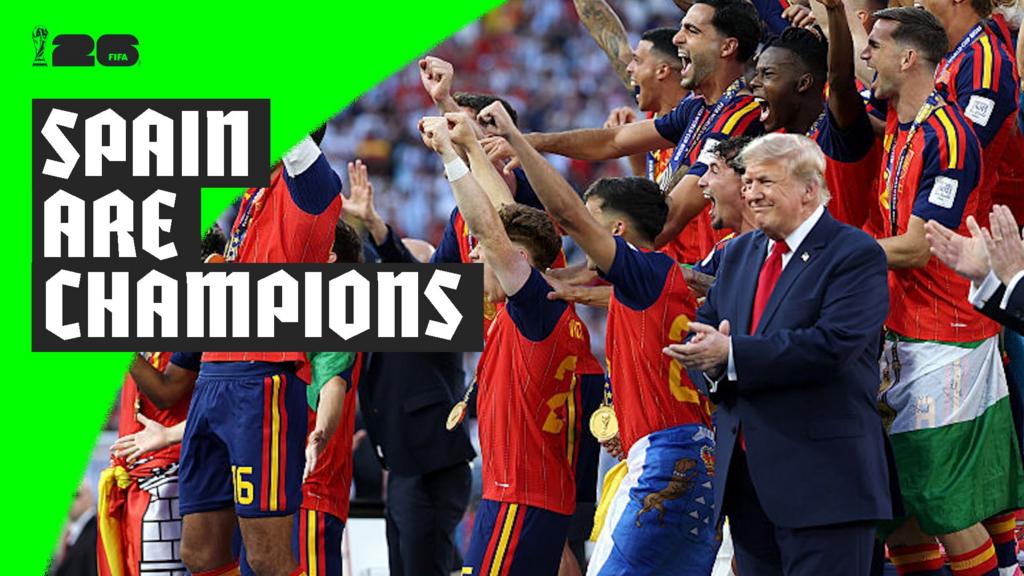 Spain lift World Cup trophy as Trump stays on stage
