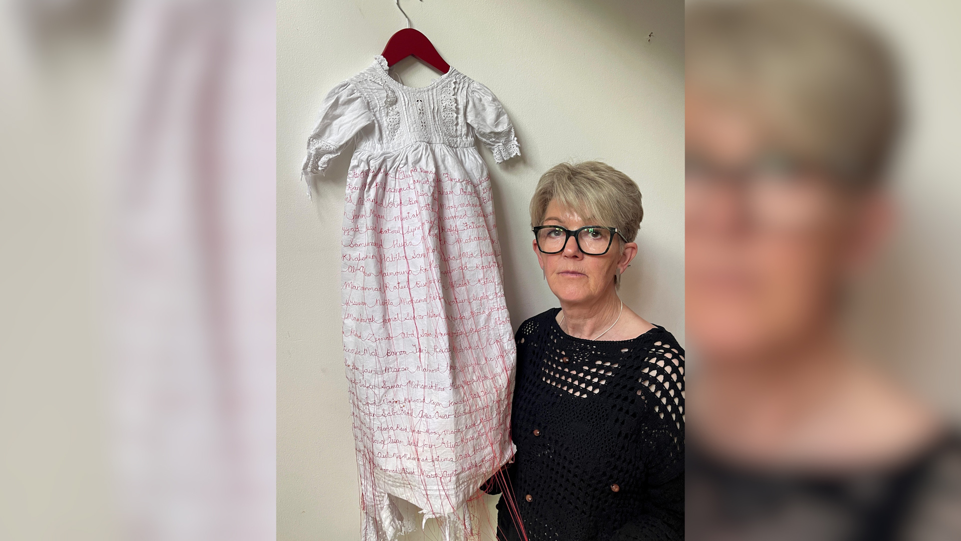 Artist sews names of Gaza children killed by Israel into gown